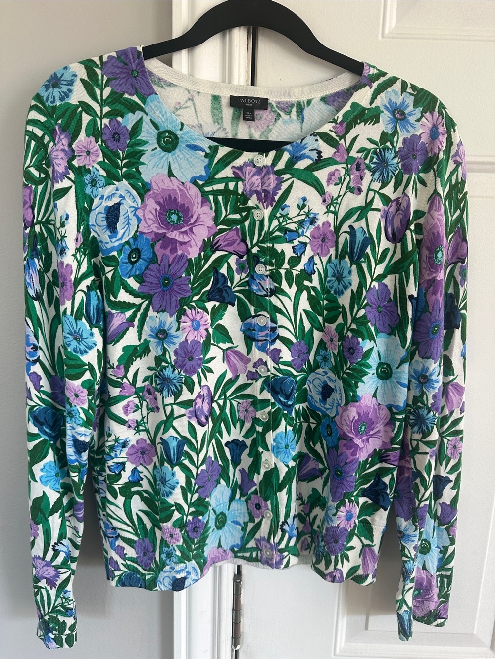 Talbots White Floral Button-Front Cardigan — Purple, Blue & Green